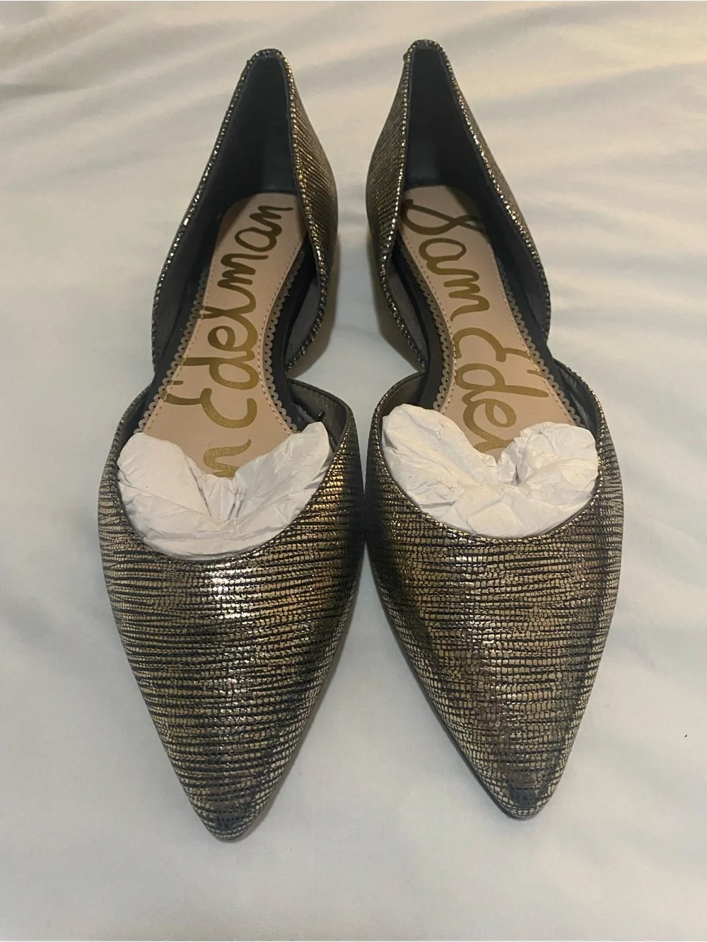 Sam Edelman Metallic Gold Textured Pointed-Toe D'Orsay Flats